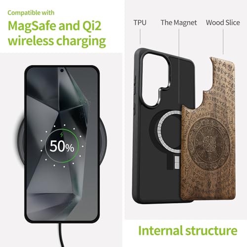 Carveit Magnetic Wooden Case for Samsung Galaxy S26 Ultra Case 2026, TPU Shockproof Cover & Wood Artisan Engraved, Compatible with MagSafe Wireless Chargers (The Shield of Dragons and Awe) Walnut - Image 4