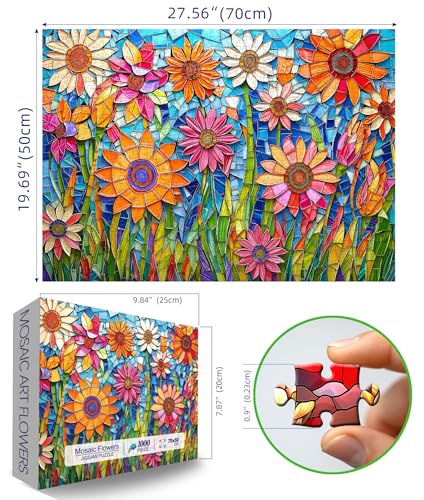 MINIWAN Stained Glass Mosaic Colorful Sunflowers 1000 Piece Jigsaw Puzzle for Adults Vibrant Mosaic Glass Floral Jigsaw Puzzle Gift for Flower Art Lovers 275x197 Inch - Image 5