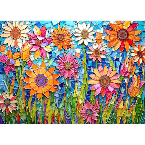MINIWAN Stained Glass Mosaic Colorful Sunflowers 1000 Piece Jigsaw Puzzle for Adults Vibrant Mosaic Glass Floral Jigsaw Puzzle Gift for Flower Art Lovers 275x197 Inch - Image 1
