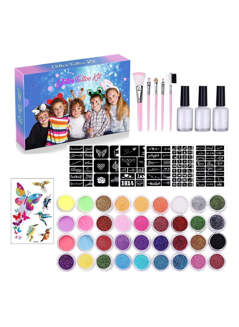 Excefore Temporary Glitter Tattoo Kit for Kids with 30 Glitter Colors, 6 Fluorescent Colors, 119 Unique Stencils, 3 Body Glue, 5 Brushes, Arts Glitter Make Up Set for Birthdays Party Favor Supplies - Image 1