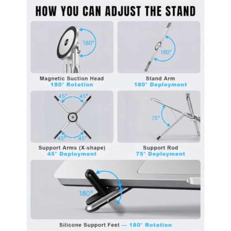 4-in-1 foldable laptop stand magnetic phone holder for travel and vlogging, silver aerospace aluminum, lightweight portable desk mount with N52 MagSafe-compatible tripod handle - Image 5