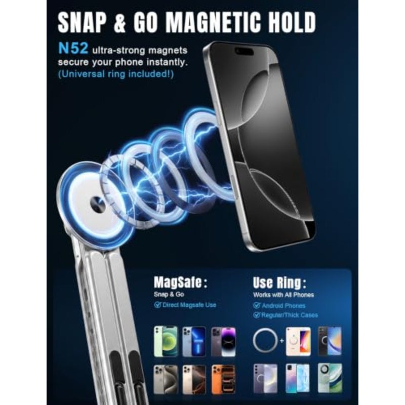 4-in-1 foldable laptop stand magnetic phone holder for travel and vlogging, silver aerospace aluminum, lightweight portable desk mount with N52 MagSafe-compatible tripod handle - Image 4