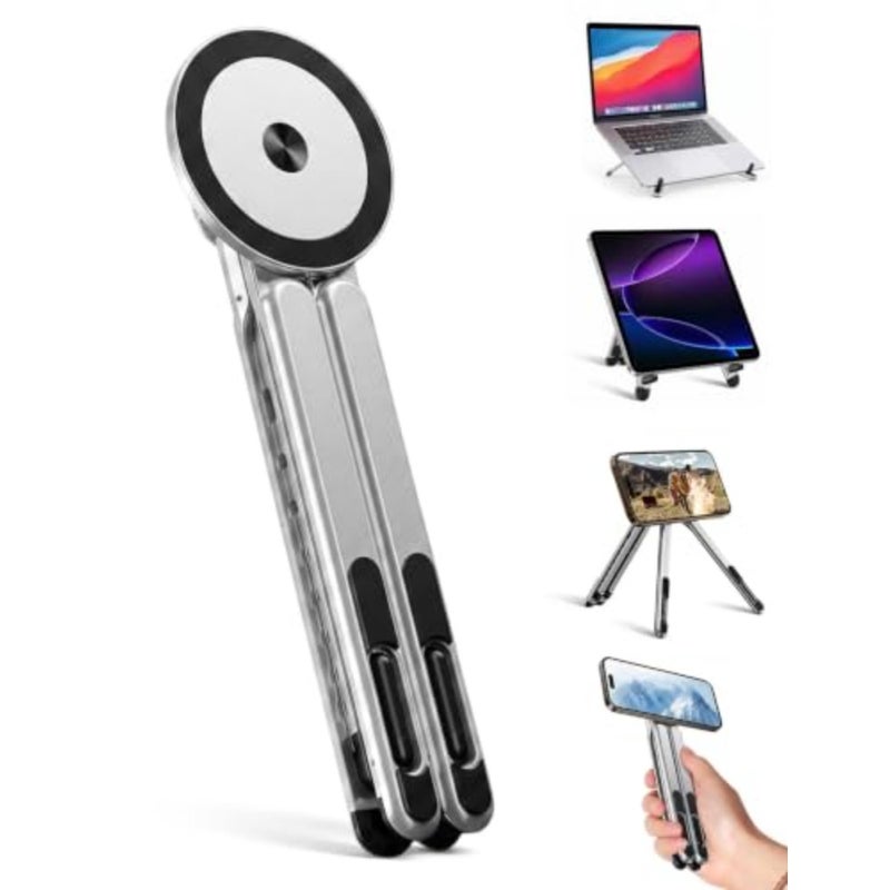 4-in-1 foldable laptop stand magnetic phone holder for travel and vlogging, silver aerospace aluminum, lightweight portable desk mount with N52 MagSafe-compatible tripod handle - Image 1
