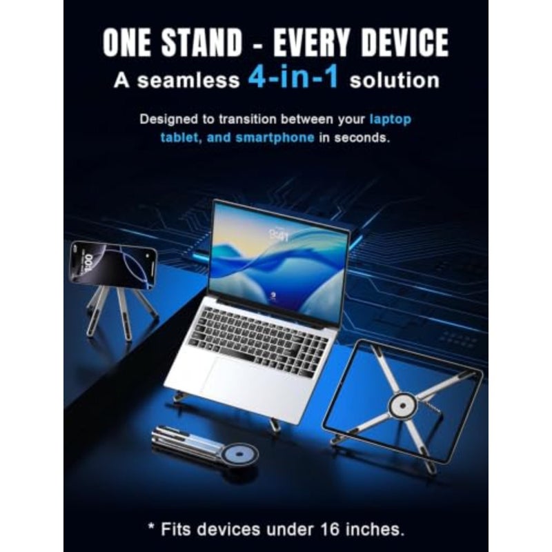 4-in-1 foldable laptop stand magnetic phone holder for travel and vlogging, silver aerospace aluminum, lightweight portable desk mount with N52 MagSafe-compatible tripod handle - Image 2
