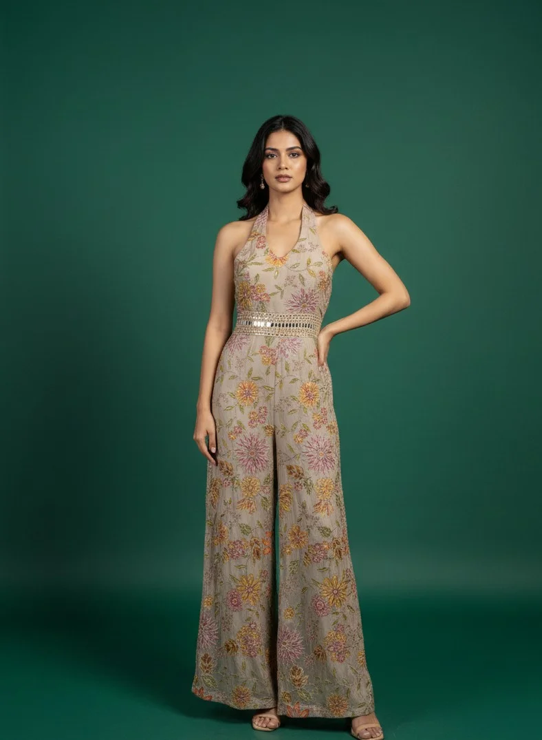 Lehar Halter-Neck Fusion Jumpsuit with All-Over Floral Embroidery