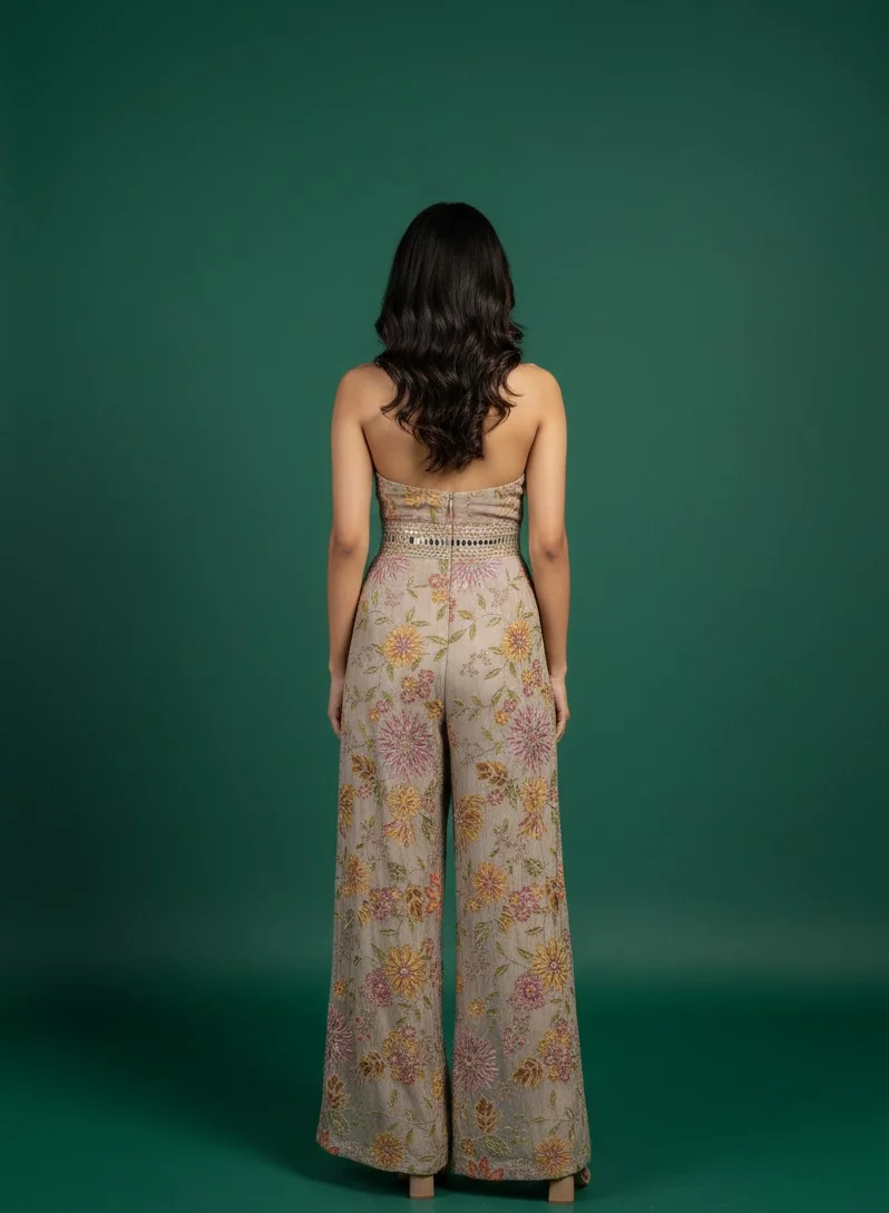 Lehar Halter-Neck Fusion Jumpsuit with All-Over Floral Embroidery