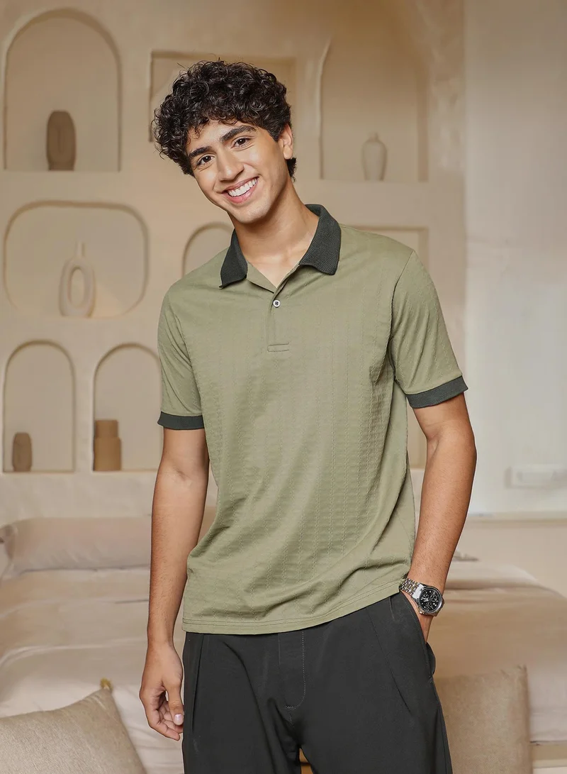 Campus Sutra Campus Sutra Men Rope-Lined Textured Polo T-Shirt | Jacquard Polo Neck Short Cuffed Sleeves | Half-Button Closure | Floral Jacquard | Knitted Fabric For Casual & Daily Wear | Pistachio Green