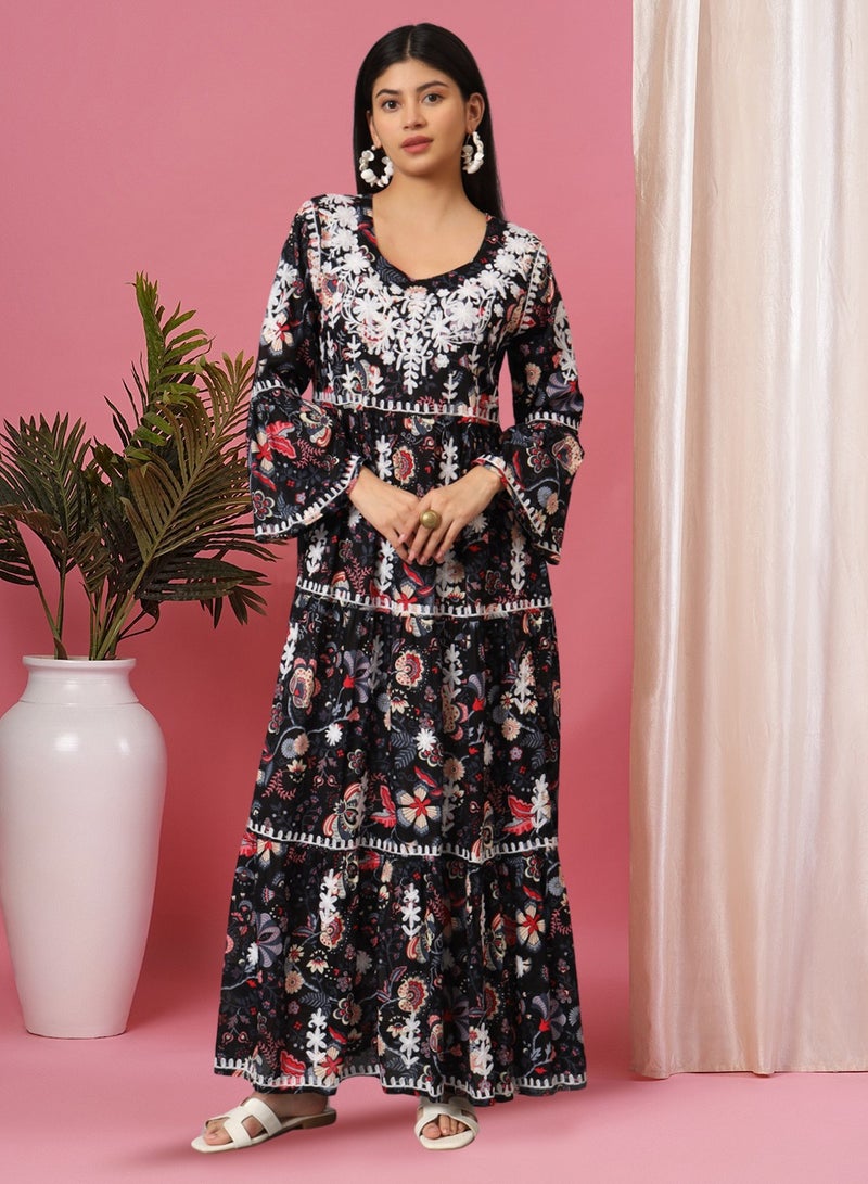 الايا جلابية قطن مولمول مطرزة يدويًا بنمط كشكش - - Image 1