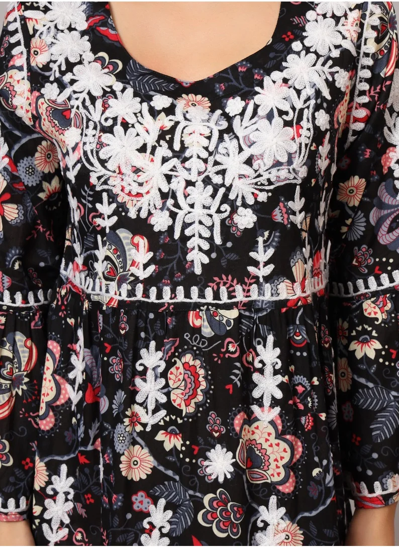 Alaya Hand Embroidered Chikankari A-Line Gathering Pattern Mulmul Cotton Jalabiya-AL3673