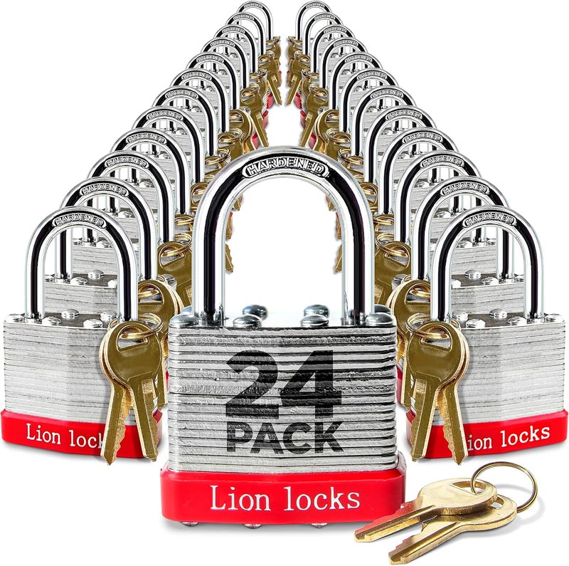 Lion Locks 24 Keyed-Alike Padlocks w/ 1.25” Shackle, 48 Keys, Hardened Steel Case, Brass Cylinder (24-Pack) - for Hasp Latch, Sheds, Fences, Storage Locker, School, Gym - Image 1