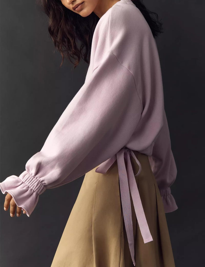 Dsewpaur Women Tie Up Sweatshirt Crewneck Balloon Long Sleeve Shirt Casual Fall Pullover Crop Babydoll Tops Purple - Image 3