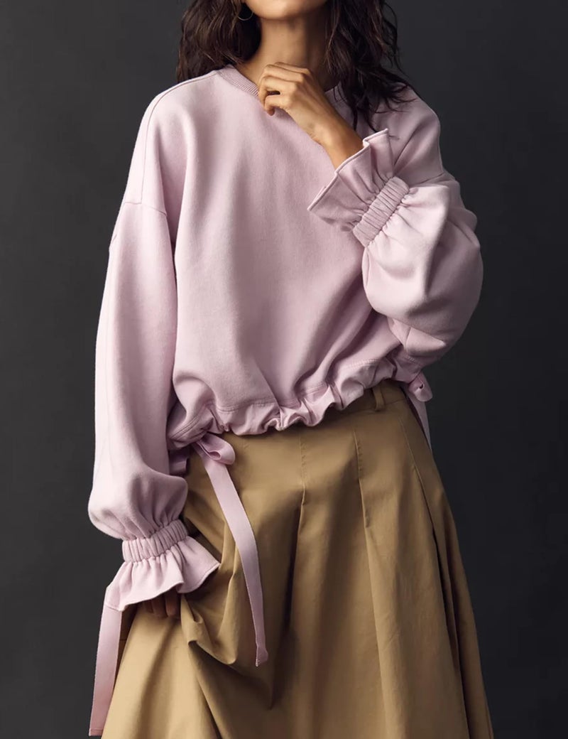 Dsewpaur Women Tie Up Sweatshirt Crewneck Balloon Long Sleeve Shirt Casual Fall Pullover Crop Babydoll Tops Purple - Image 2