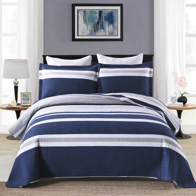 QUILTS KING SIZE KING QUILT BEDSPREAD SETS 100 COTTON QUILT BEDDING SET FOR KING BED 3 PIECES STRIPED REVERSIBLE LIGHTWEIGHT QUILTED QUILT SET BED SPREAD NAVY BLUE