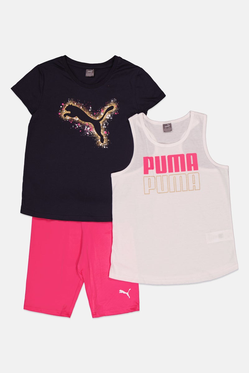 PUMA Kids Girl 3 Pieces Top And Short Set, Black/Pink Combo - Image 3