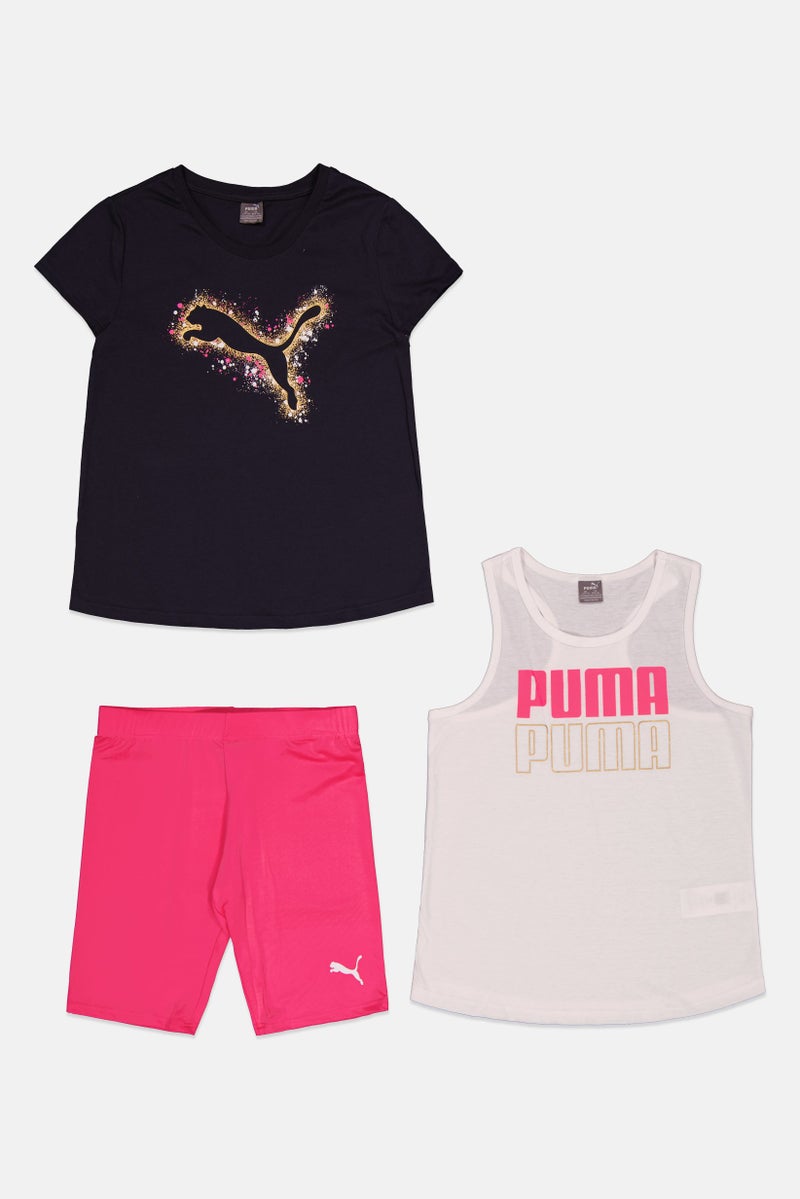 PUMA Kids Girl 3 Pieces Top And Short Set, Black/Pink Combo - Image 1