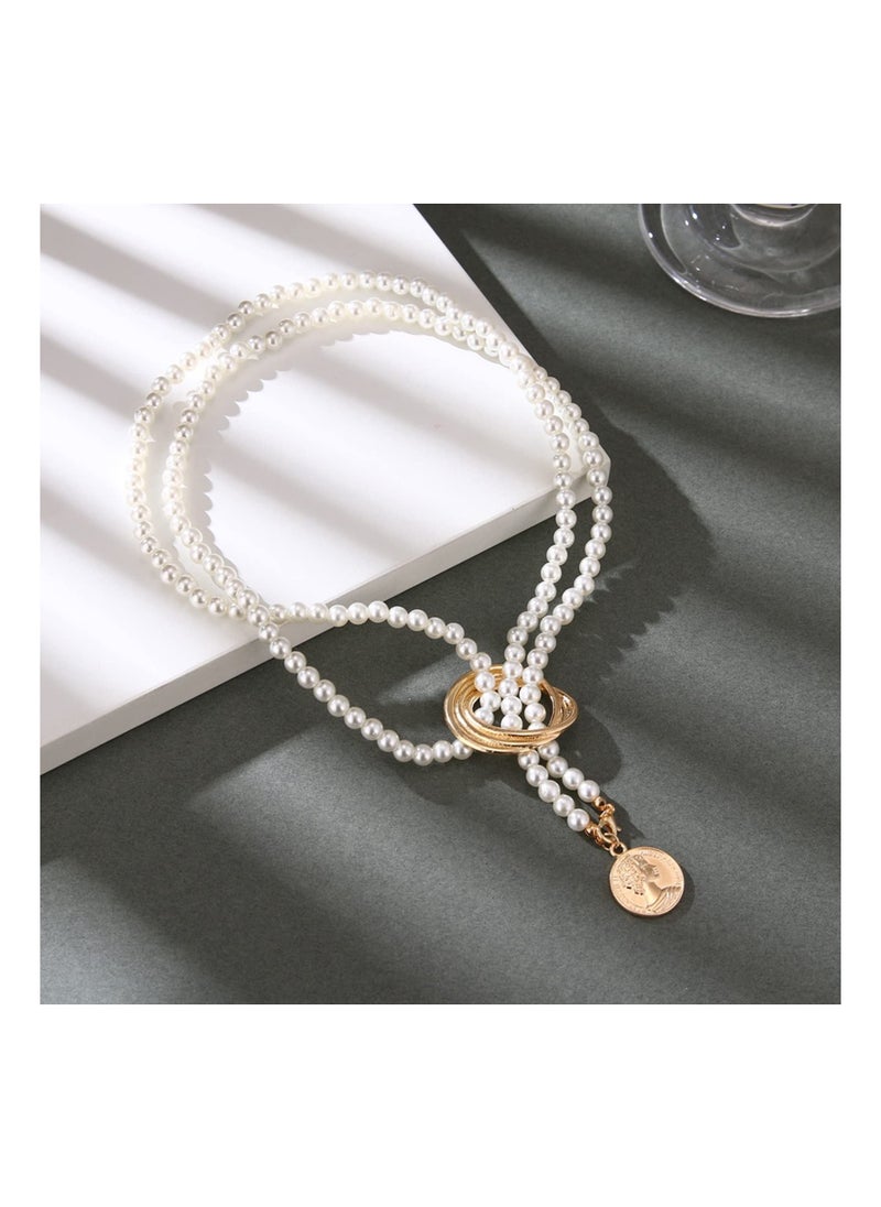 SYOSI - Long Pearl Necklaces, Costume Jewellery for Women, Retro Metal Pearl Necklace Elegant Lady White Artificial Pearls Long Sweater Chain Beaded Necklace, 31In Faux Pearls Art Fashion Lovely - Image 1