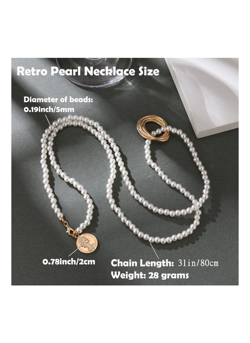 SYOSI - Long Pearl Necklaces, Costume Jewellery for Women, Retro Metal Pearl Necklace Elegant Lady White Artificial Pearls Long Sweater Chain Beaded Necklace, 31In Faux Pearls Art Fashion Lovely - Image 1