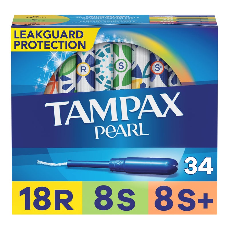 Tampax Pearl Tampons Multipack, Regular/Super Plus Absorbency, With Leakguard Braid, Unscented, 34 Count - Image 1