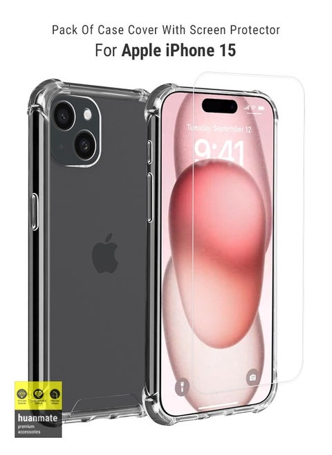 2 in 1 Protection Pack Of Case Cover With Tempered Glass Screen Protector For Apple iPhone 15 Clear
