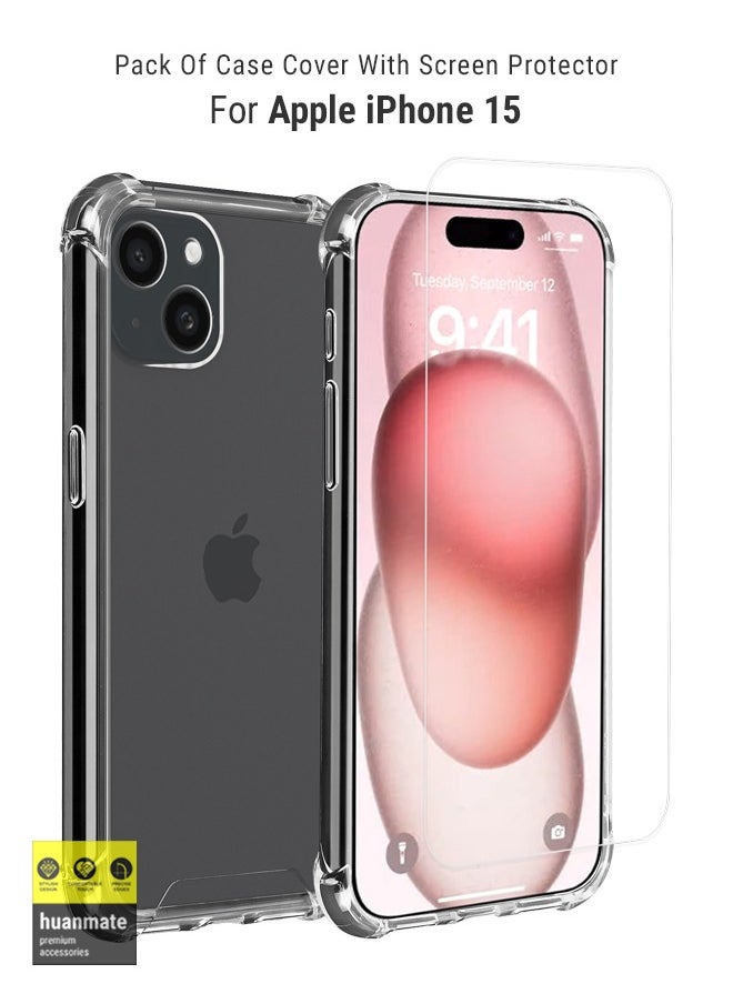 huanmate - 2 in 1 Protection Pack Of Case Cover With Tempered Glass Screen Protector For Apple iPhone 15 Clear - Image 1