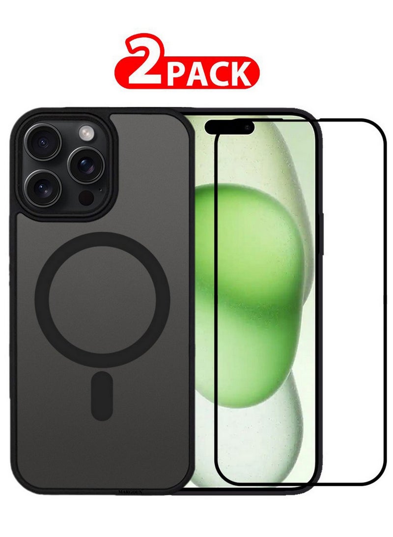 CATANES 2 Pieces Magnetic Slim Protective Case for iPhone 15 Pro Max - with Wireless Charging Support with 3D Screen Protector - Black - Image 1