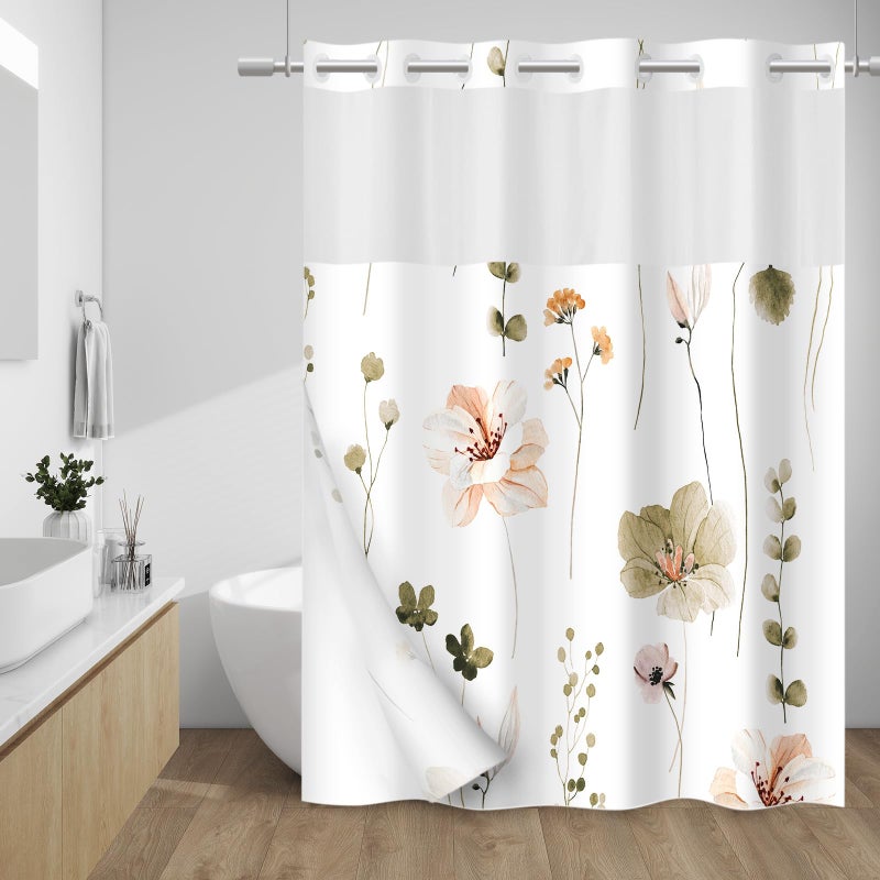 WITHLOC No Hook Shower Curtain with Snap in Liner  Floral Shower Curtain  Fabric Waterproof Inner Liner Plants Watercolor Khaki Modern Cloth Shower Curtains  Machine Washable 71 x 74