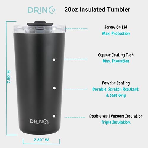 Drinco - 20 oz Stainless Steel Tumbler | Double Walled Vacuum Insulated Mug With Lid, 2 Straws, For Hot & Cold Drinks (20oz Black, 20oz) - Image 5