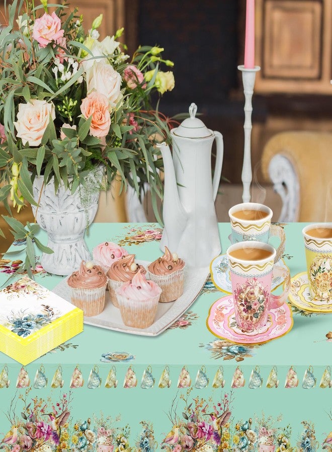 WorldBazaar Tea Party Supplies Floral Dinnerware Set Tea Party Decorations 24 Guests Paper Tea Cups and Saucers Plates Napkins Tablecloth Kids Adult - Image 3