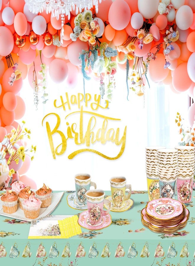 WorldBazaar Tea Party Supplies Floral Dinnerware Set Tea Party Decorations 24 Guests Paper Tea Cups and Saucers Plates Napkins Tablecloth Kids Adult - Image 4
