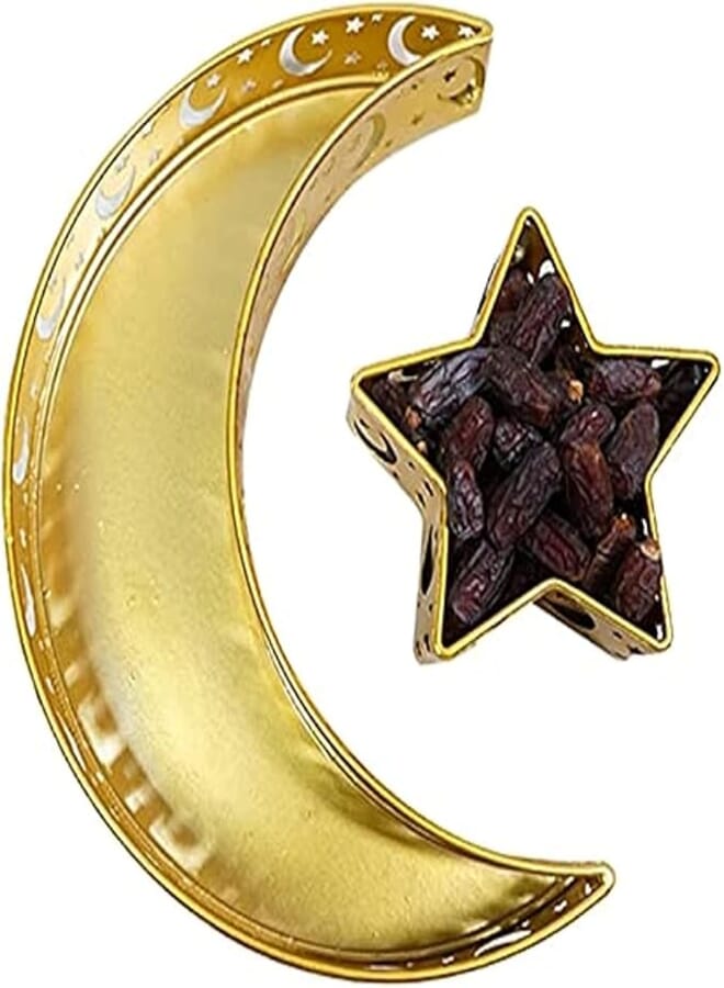 Sanbo Muslim Islam Eid Mubarak Serving Tray Moon And Star Shape Ramadan Food Storage Container Dessert Pastry Plate Desk Organizer Home Kareem Party Decor Eid Gifts Al Adha Decoration (golden)