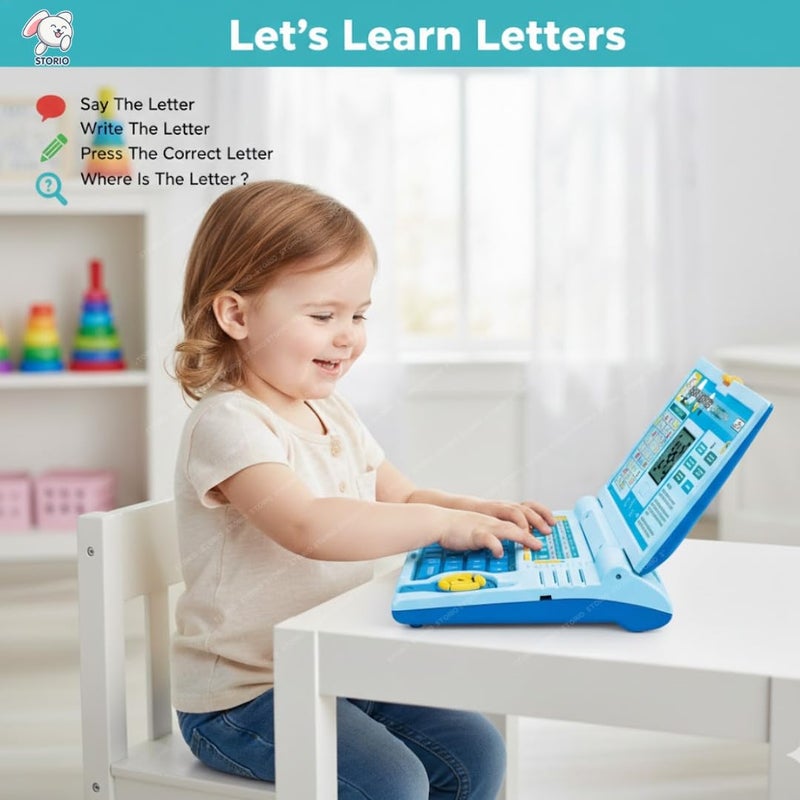 Storio لعبة لابتوب تعليمية للأطفال للصبيان والبنات من عمر 2-5 سنوات | لعبة كمبيوتر ممتعة | تعلم الأبجدية، الحروف، الكلمات، الأرقام، الألعاب، الموسيقى والمنطق | لعبة تعليمية تفاعلية - أزرق - Image 3