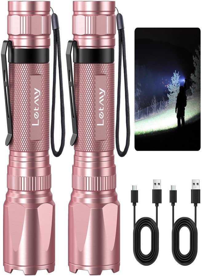 LETMY Rechargeable Flashlights High Lumens, 2 Pack 2000 Lumens Bright LED Tactical Flashlight, 3 Modes Samll Powerful Flash Lights with Clip, Waterproof Flashlights for Home Emergency Camping (Pink) - Image 1