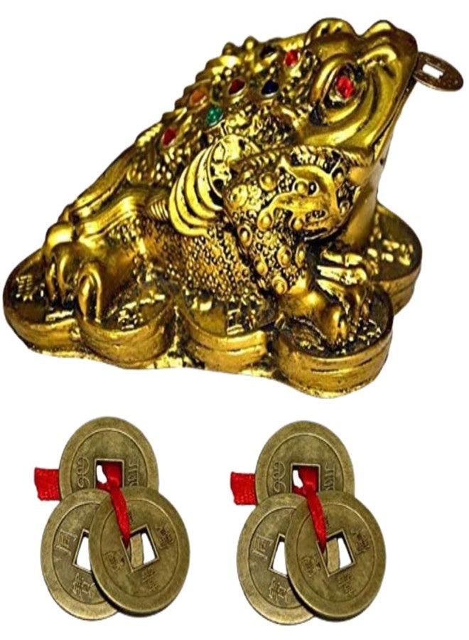 GJ Feng Shui Polyresin Frog Showpiece for Good Luck & Prosperity Brass Colour - Image 1