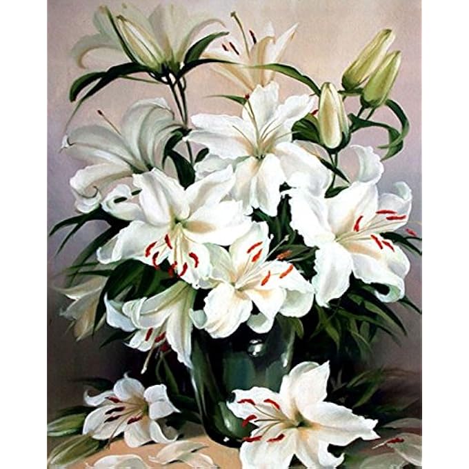 Wowdecor PAINT BY NUMBERS PAINTING KIT FOR ADULTS AND CHILDREN, NUMBER - WHITE LILY FLOWERS 16" X 20" FRAMED - Image 1