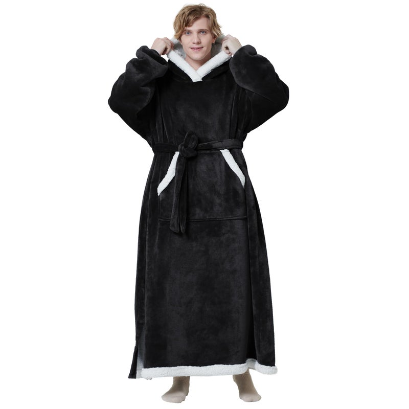 Bedsure Bedsure Oversized Wearable Blanket Hoodie - Long Sherpa Fleece Hooded Blanket for Adult Women Men  Warm Cozy Big Blanket Sweatshirt with Giant Pocket and Belt  Winter Gifts for Men  Oversize  Black  - Image 1