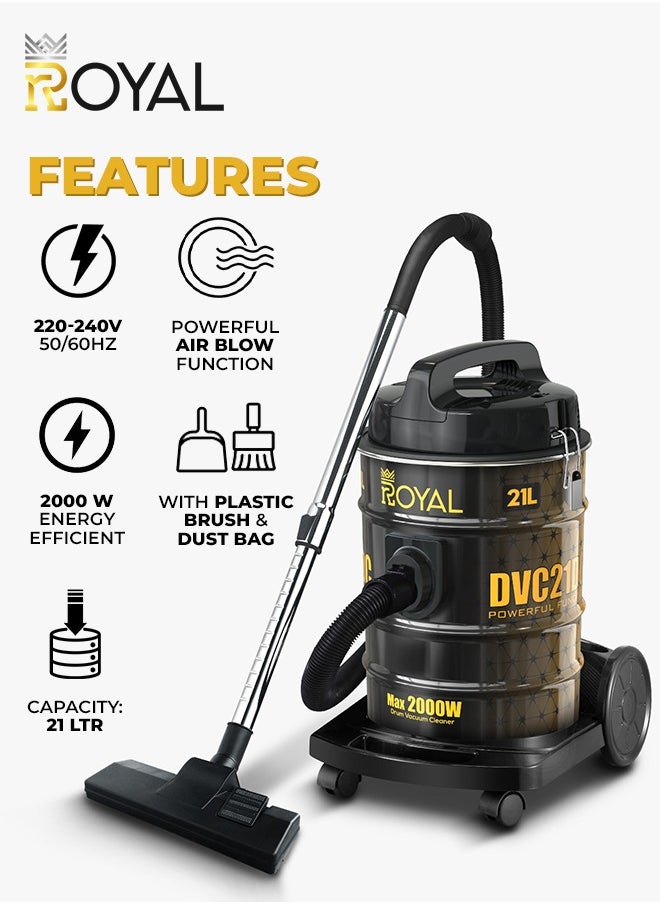 Royal Drum Vacuum Cleaner 21 Liters 2000 Watts Strong Suction Motor With Metal Telescope Tube | With Plastic Brush & Dust Bag | RA-VCB2121  - Image 3
