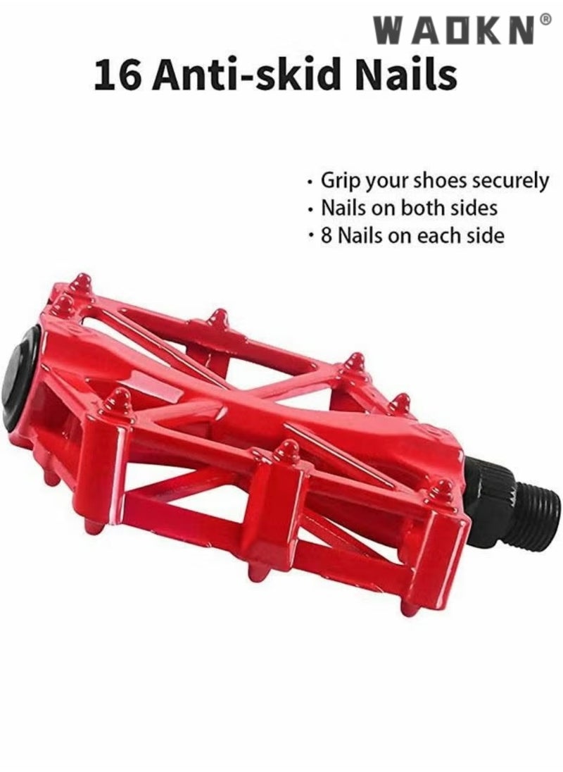 WAOKN A Pair of Mountain Road Bicycle Aluminum Alloy Double Ball Pedals/Bicycle Ball Pedals/X-shaped Pedals with 16 Anti Slip Pins - Universal Lightweight Aluminum Alloy Platform Pedals in Red  - Image 4