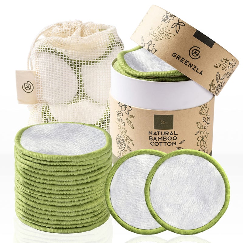 Greenzla Reusable Makeup Remover Pads (20 Pack) Washable Laundry Bag & Round Box for Storage, Reusable Bamboo Cotton Rounds for All Skin Types - Image 1