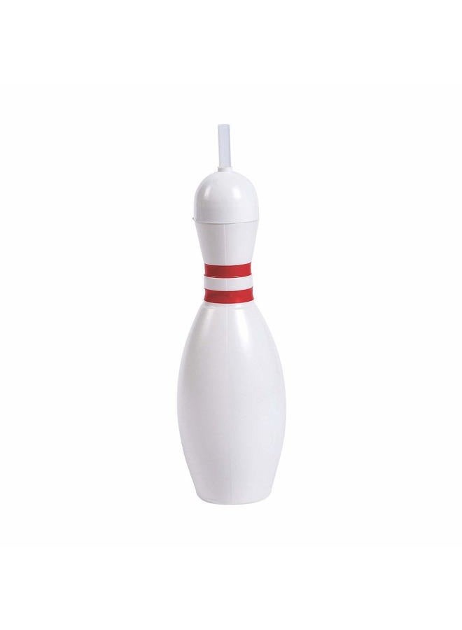 Fun Express 12 Pieces Bowling Pin Cups with Lids & Straws, Each Holds 18 oz, BPA Free Plastic, Party Supplies, Red & White - Image 1