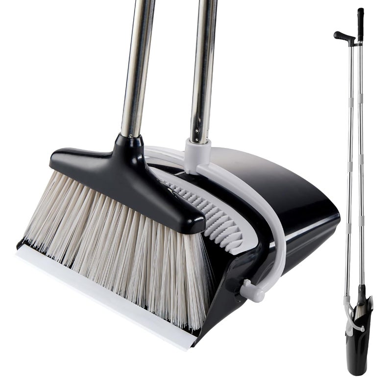 Broom and Dustpan Set Lightweight Upright Lobby Broom and Dust Pan Combo with Long Handle Outdoor Indoor for Home Kitchen Room Office Gray and Black