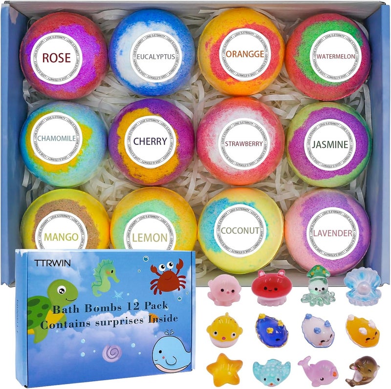 12 pcs TTRWIN Bath Bomb Gift Setwith Surprise Toys Inside Organic and All Natural Ingredients Bubble Bath Bombs Fizzes Spa Ideal Birthday Easter for Boys Girls