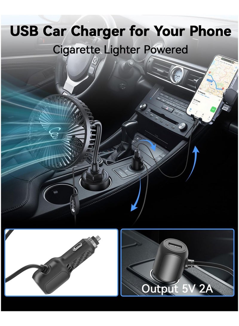 Generic 12V car fan, 3-speed portable vehicle cooling fan for front seats, cigarette lighter with car charger, installed in cup holder, 360 ° rotation, essential for dogs/SUVs/RVs/trucks/vans  - Image 5