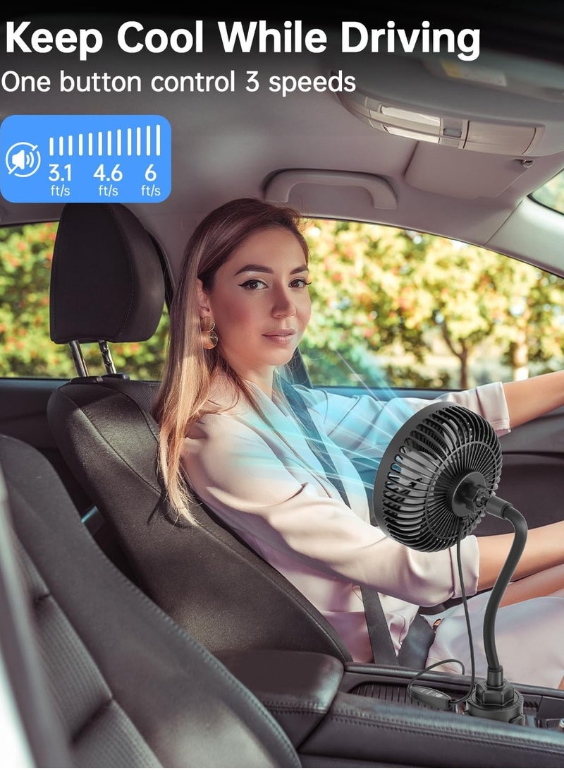 Generic 12V car fan, 3-speed portable vehicle cooling fan for front seats, cigarette lighter with car charger, installed in cup holder, 360 ° rotation, essential for dogs/SUVs/RVs/trucks/vans  - Image 2