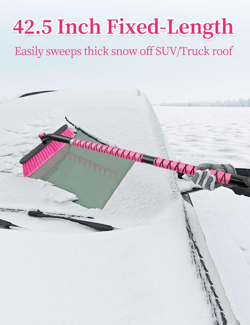 HEEYA 42.5 Inch Car Scraper Snow Brush, 12.6 Inch Large Brush Head with Ice Scraper for Window Windshield, Portable Snow Scraper for SUV Truck Vehicle Jeep RV Auto - Pink - Image 2