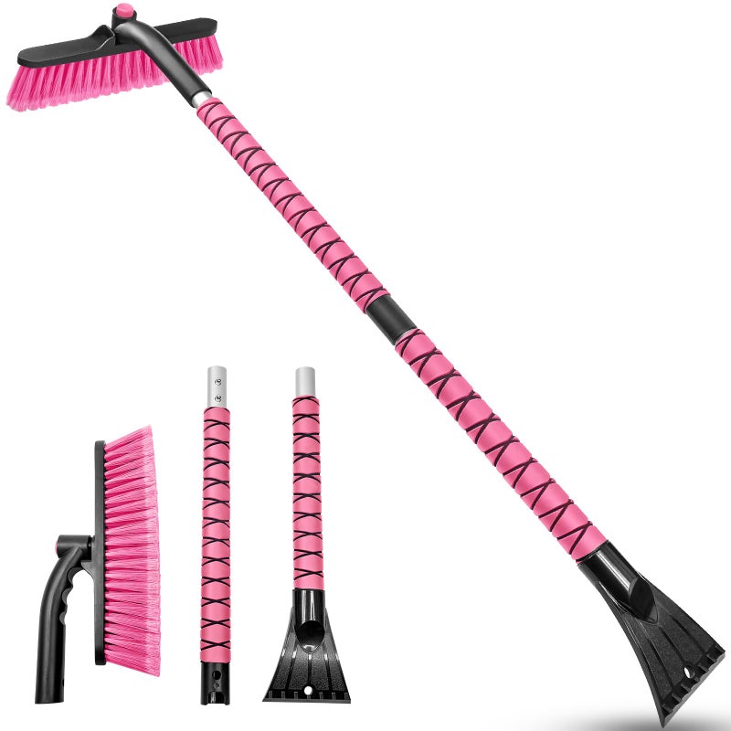 HEEYA 42.5 Inch Car Scraper Snow Brush, 12.6 Inch Large Brush Head with Ice Scraper for Window Windshield, Portable Snow Scraper for SUV Truck Vehicle Jeep RV Auto - Pink - Image 1
