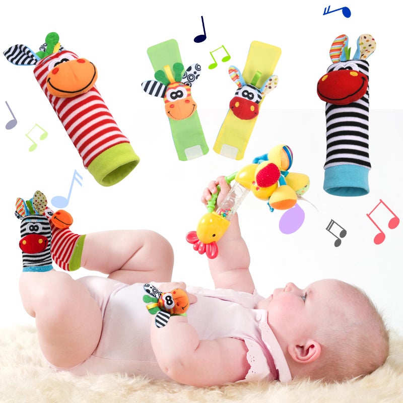 Vicloon Rattle Socks and Wrist Wraps for Baby, 4pcs Baby Doll Rattle Feet and Hand Toys, Newborn Rattle with Doll Finder for Baby 4-5 Months - Image 1