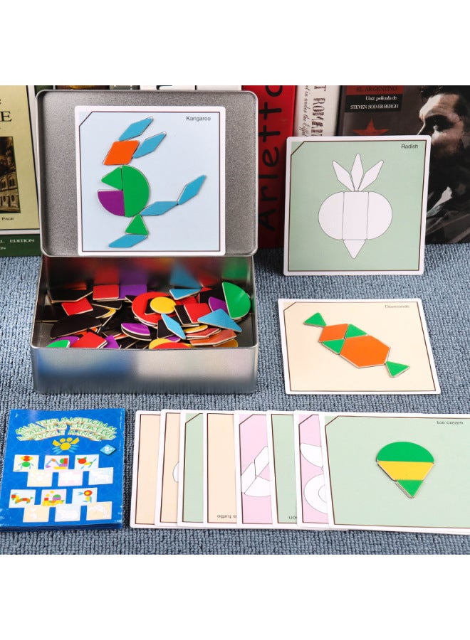 168 قطعة صندوق حديد مغناطيسي لغز إبداعي 0.6 لغز هندسي للأطفال تانجرام لعبة خشبية مجمعة - اللون: 168 قطعة لغز صندوق حديد - Image 2