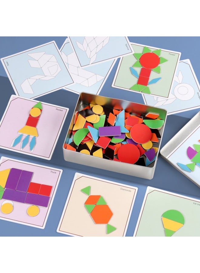 168 قطعة صندوق حديد مغناطيسي لغز إبداعي 0.6 لغز هندسي للأطفال تانجرام لعبة خشبية مجمعة - اللون: 168 قطعة لغز صندوق حديد - Image 1