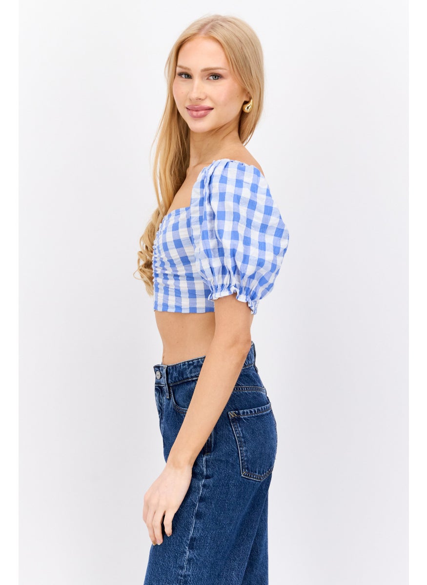 MONKI Women Sweetheart Neck  Puff Shoulder Checkered Blouse, Blue  - Image 3