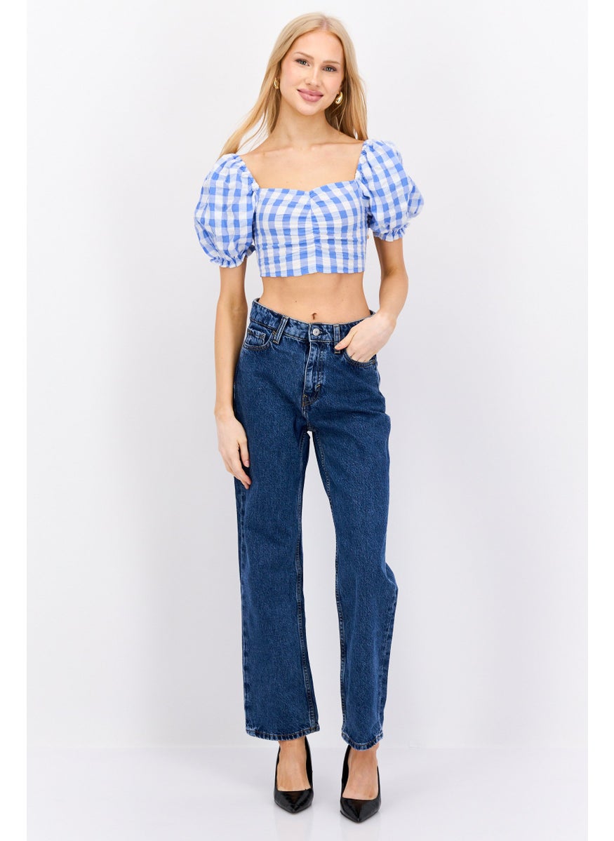 MONKI Women Sweetheart Neck  Puff Shoulder Checkered Blouse, Blue  - Image 4